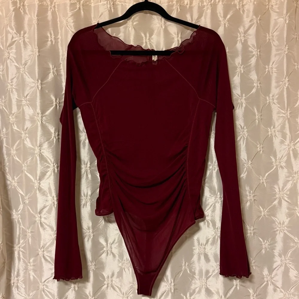 Free People Deep Red Ruched Long Sleeve Sheer Mesh Bodysuit Burgundy